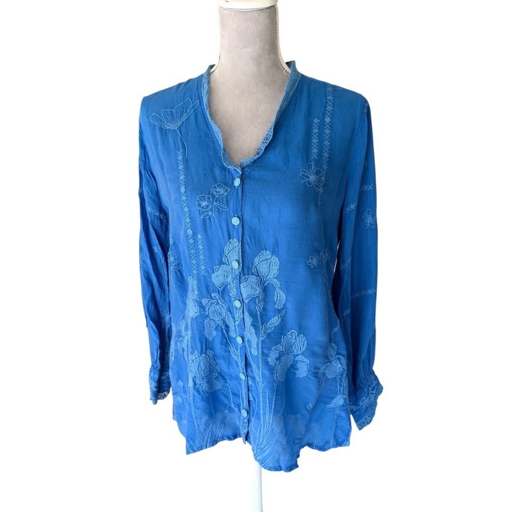Johnny Was De Vries Blouse Womens S Blue Iris Embroidered Lace Boho Button Front